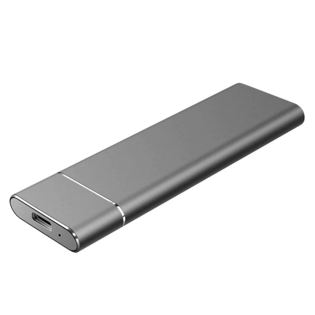 "Ultralet DataSwift SSD med aluminiumdesign, tilgængelig i Blå, Grå, Rød, Sølv, bruger USB 3.1 for hurtig dataoverførsel."