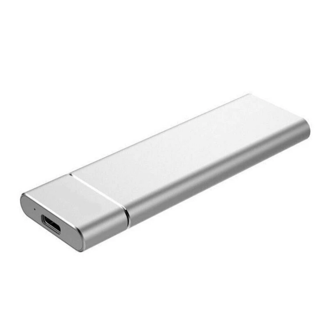 "Ultralet DataSwift SSD med aluminiumdesign, tilgængelig i Blå, Grå, Rød, Sølv, bruger USB 3.1 for hurtig dataoverførsel."