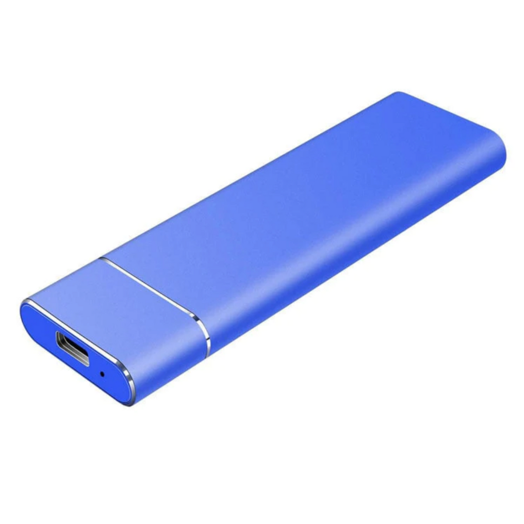 "Ultralet DataSwift SSD med aluminiumdesign, tilgængelig i Blå, Grå, Rød, Sølv, bruger USB 3.1 for hurtig dataoverførsel."