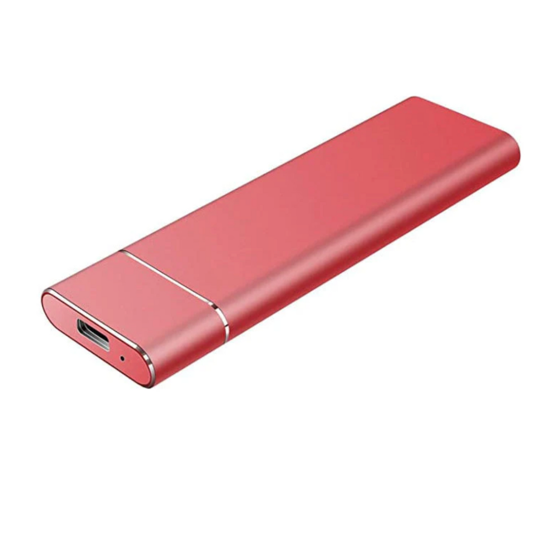 "Ultralet DataSwift SSD med aluminiumdesign, tilgængelig i Blå, Grå, Rød, Sølv, bruger USB 3.1 for hurtig dataoverførsel."