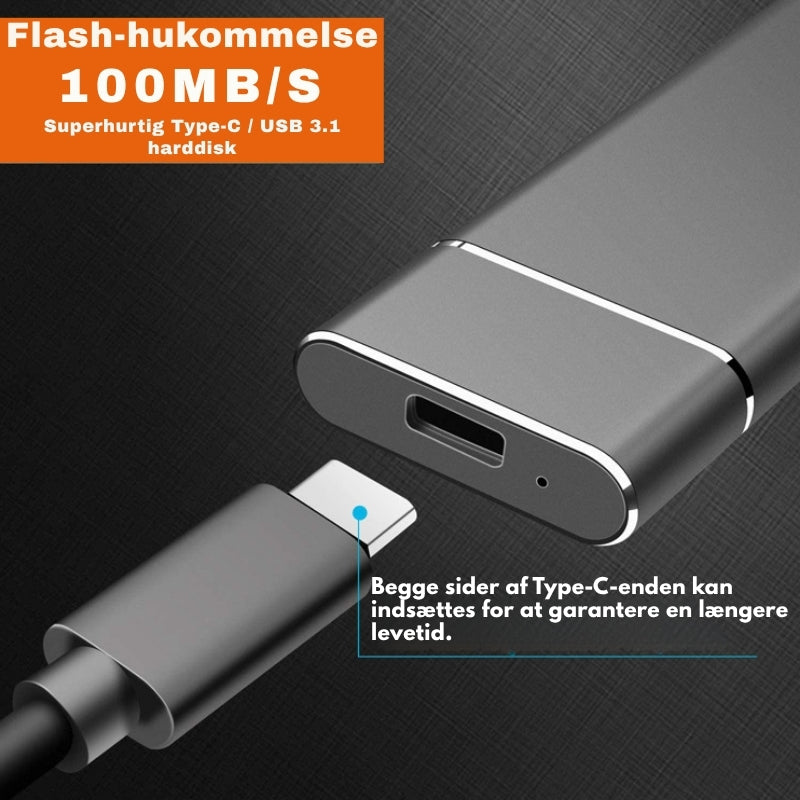 "Ultralet DataSwift SSD med aluminiumdesign, tilgængelig i Blå, Grå, Rød, Sølv, bruger USB 3.1 for hurtig dataoverførsel."