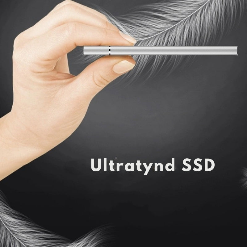 "Ultralet DataSwift SSD med aluminiumdesign, tilgængelig i Blå, Grå, Rød, Sølv, bruger USB 3.1 for hurtig dataoverførsel."