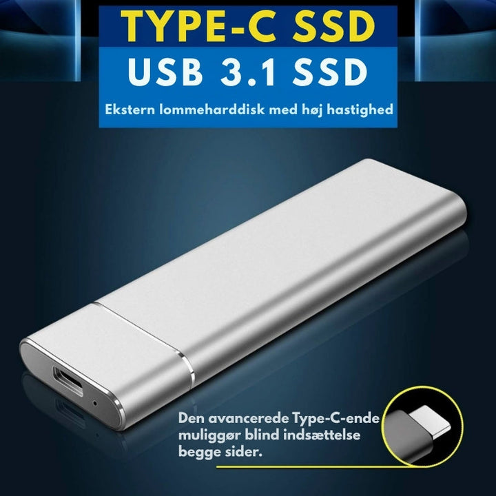 "Ultralet DataSwift SSD med aluminiumdesign, tilgængelig i Blå, Grå, Rød, Sølv, bruger USB 3.1 for hurtig dataoverførsel."