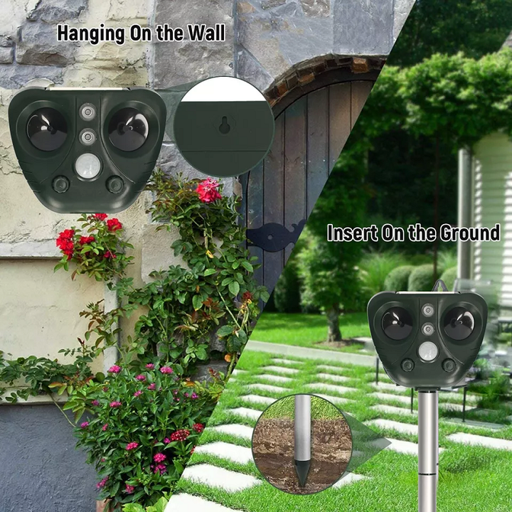 Effektiv ultralyds fugleskræmmer til haven. Solcelledrevet dyreskræmmer holder skadedyr væk fra bede.