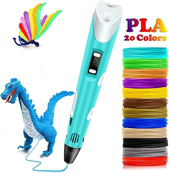 Gladt barn tegner fantasifulde 3D-figurer med en brugervenlig 3D pen. Ideel til kreativt børnelegetøj.