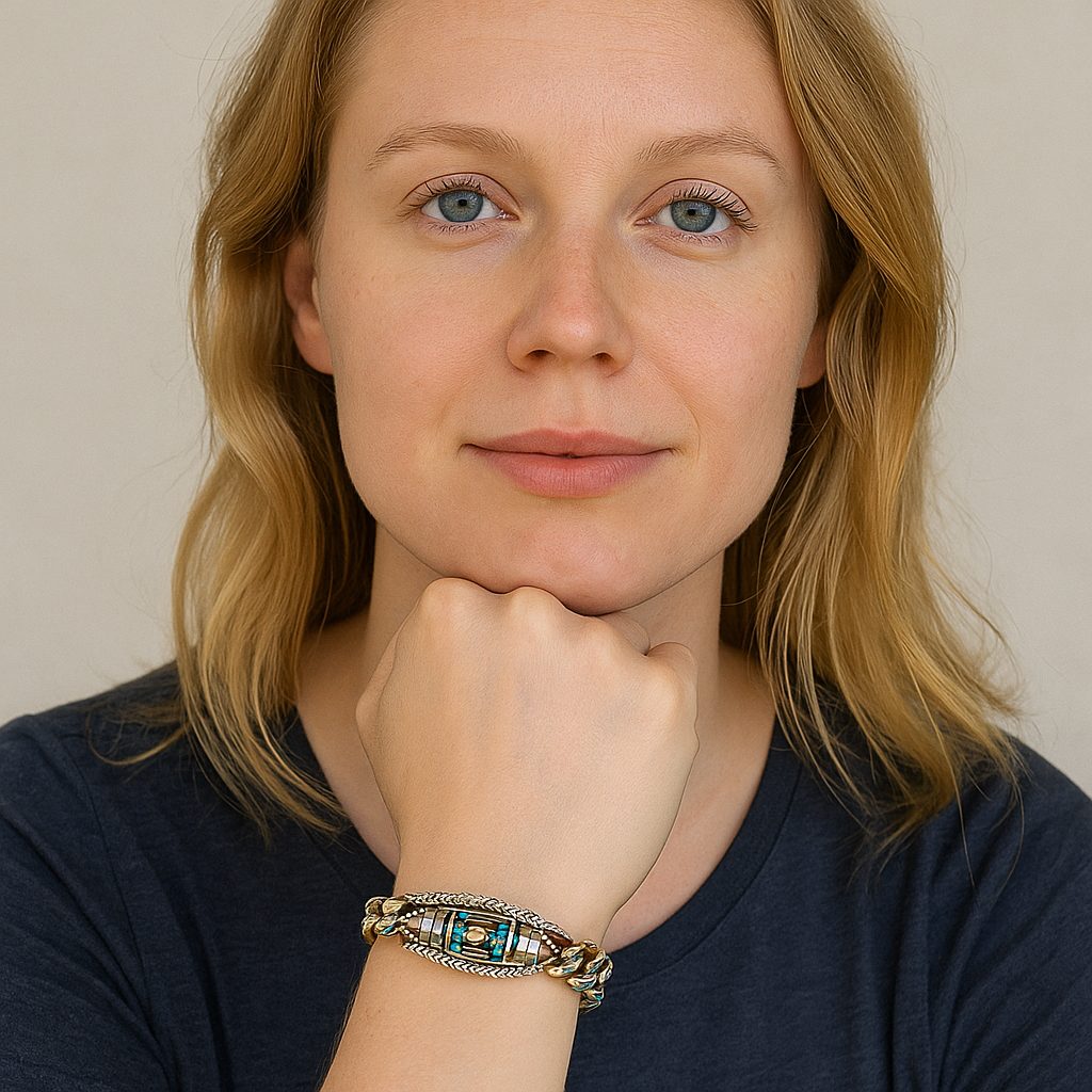 Unisex armbånd med turkis og mantra Dzi-perle. Fremmer klar tanke & stærk ånd. Håndlavet smykke.