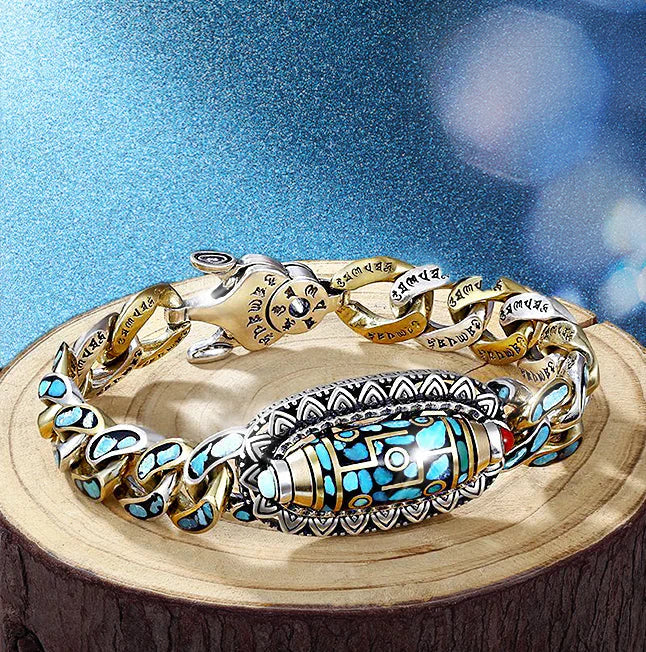 Håndled med unisex turkis armbånd og Dzi-perle. Fremmer klar tanke, stærk ånd, beskyttelse & energi.