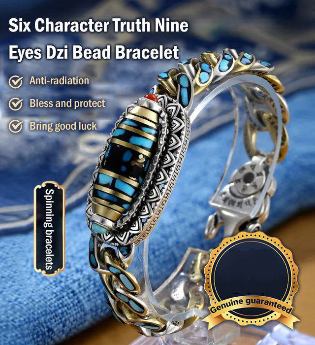 Elegant turkis armbånd med indgraveret mantra Dzi-perle. Unisex smykke for spiritualitet og velvære.