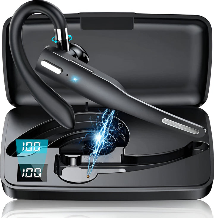 Person bruger trådløst Bluetooth headset til håndfri opkald, med klar lyd og støjreduktion i kontormiljø.