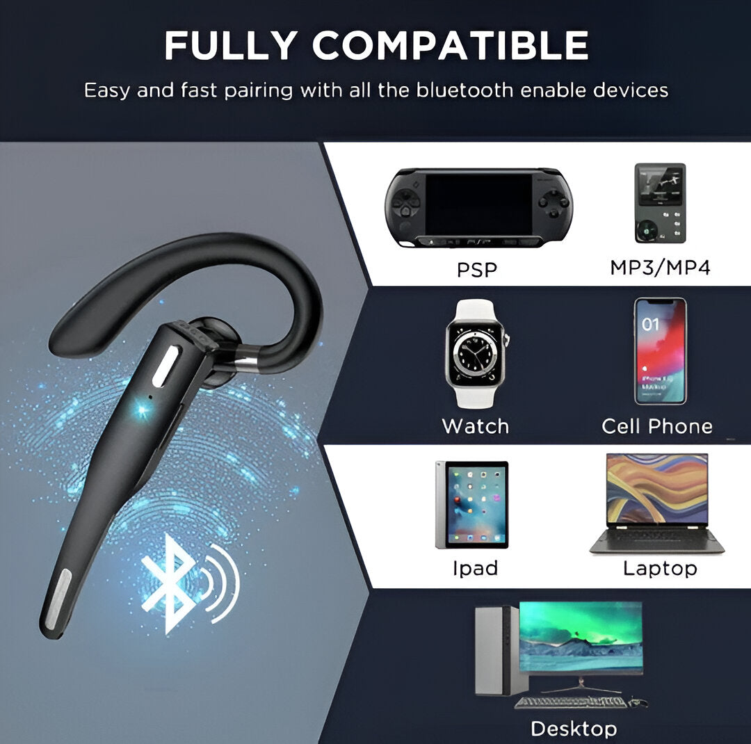 Stilrent sort unisex Bluetooth headset med ergonomisk design, krystalklar lyd og integreret mikrofon.