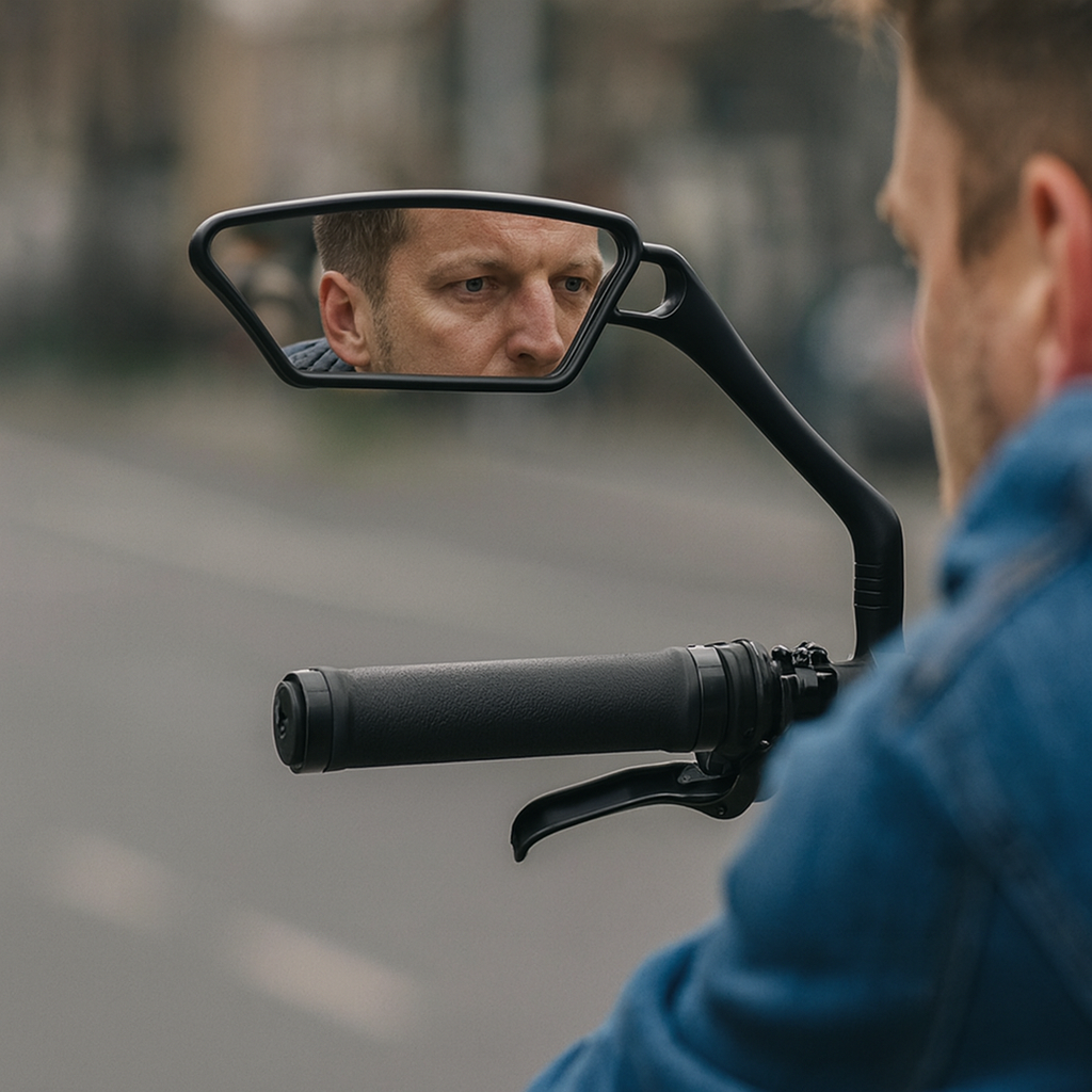 Unisex cykelspejl monteret på styr, giver 360° vejudsigt for øget cykelsikkerhed og overblik.