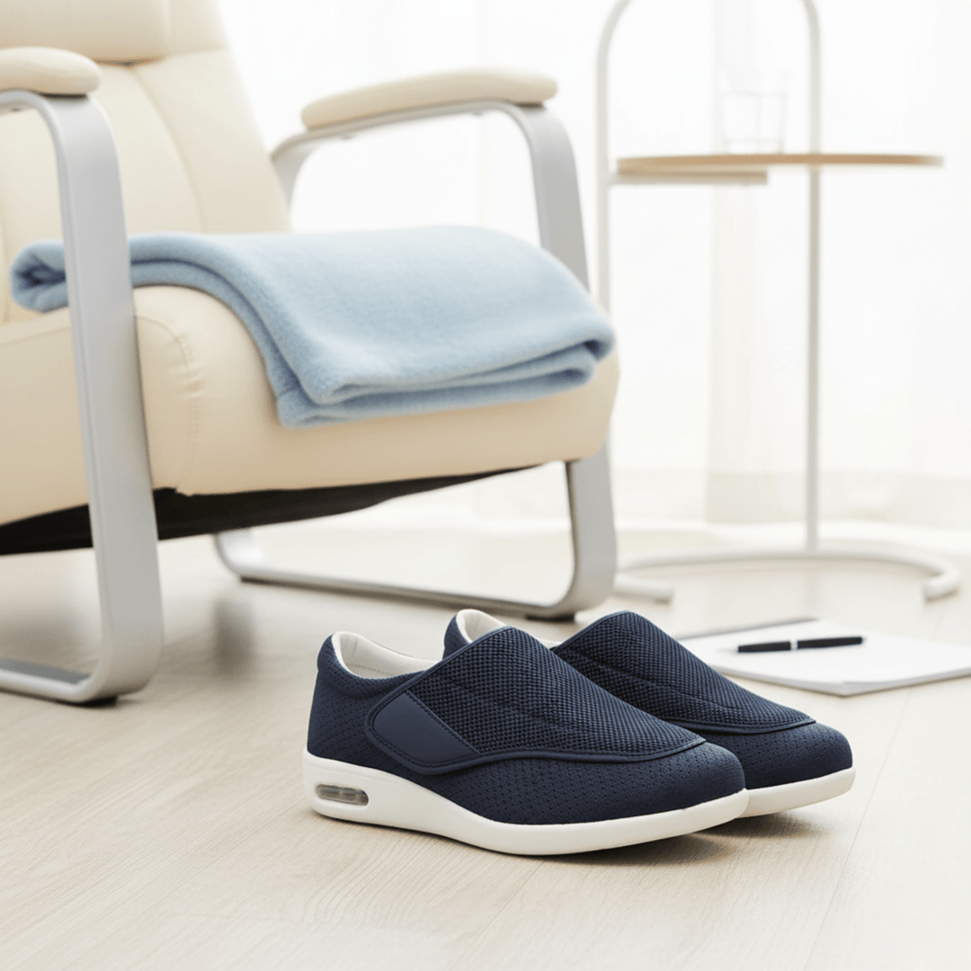 Fodvenlige unisex sneakers med bred pasform og velcro, støtter følsomme fødder og giver smertelindring.