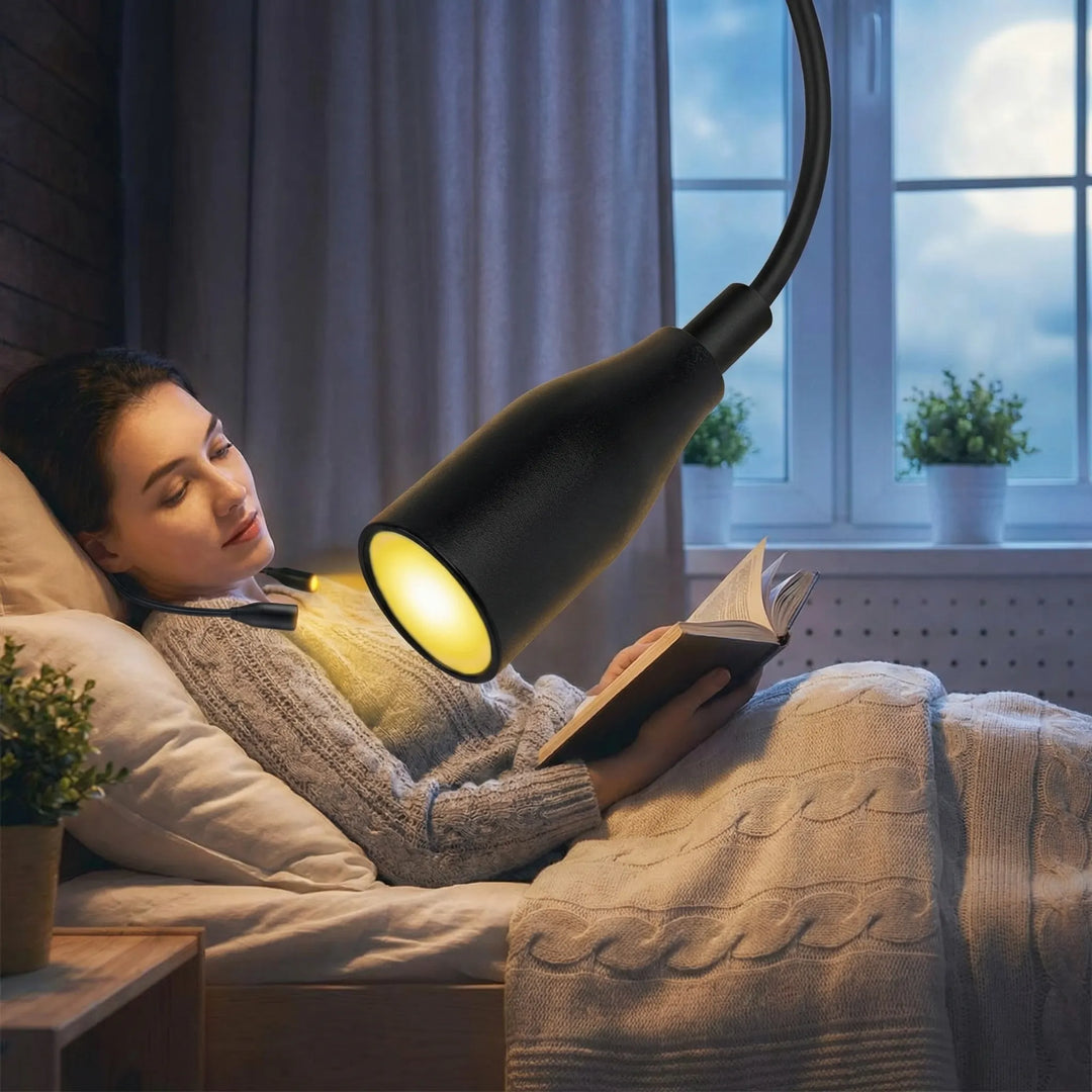 Unisex ergonomisk nakkelampe med LED læselys til bøger. Håndfri og fleksibel halsbøjle til læsning.