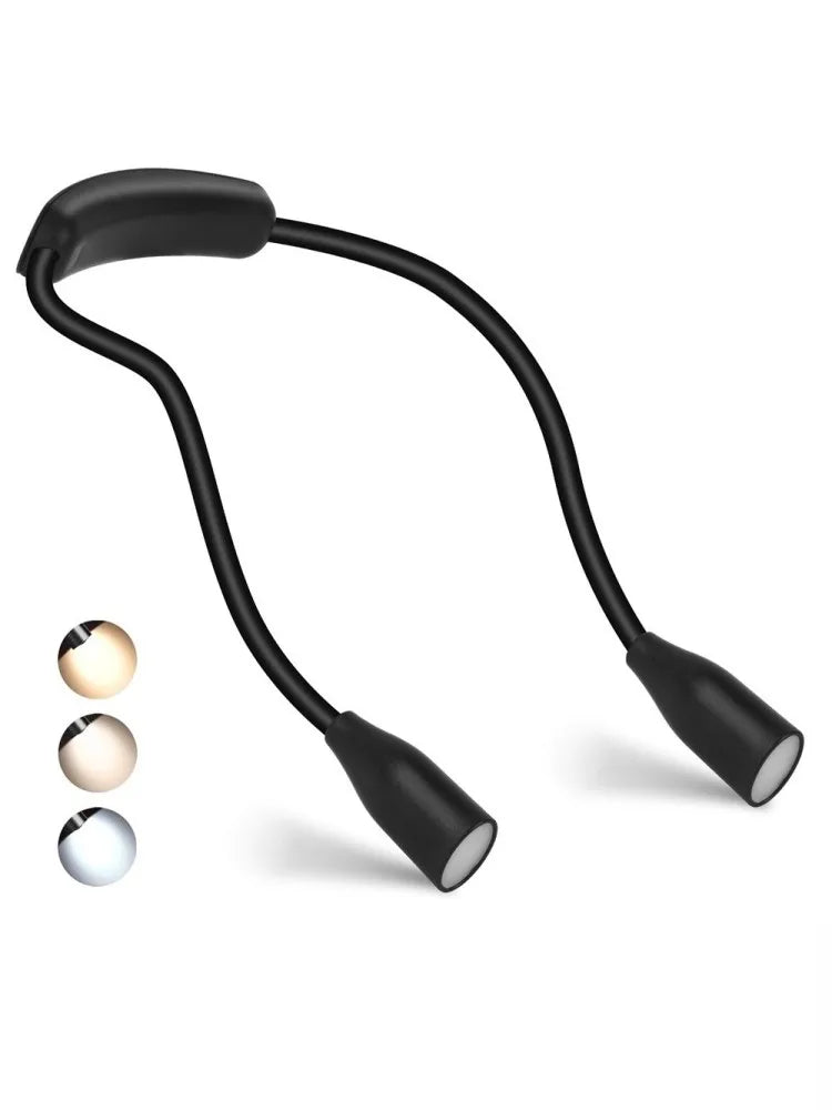 Smart genopladelig nakkelampe med ergonomisk design og dæmpbart LED læselys til håndfri brug.