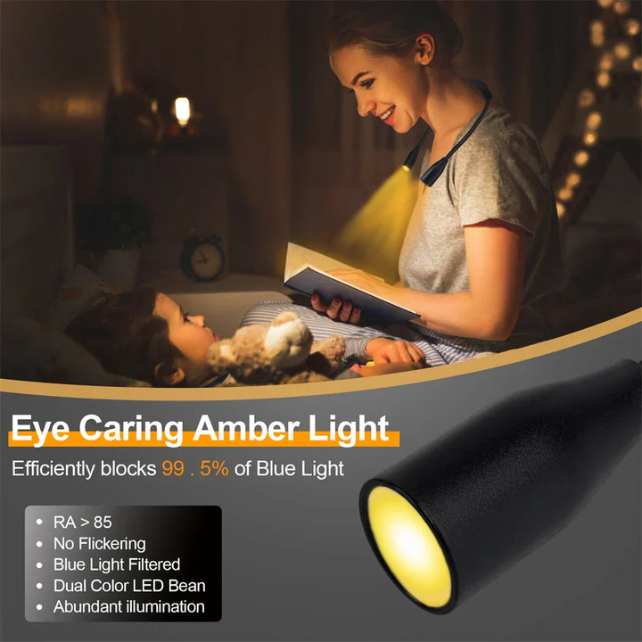 Genopladelig nakkelampe med kraftigt LED lys, ideel som boglampe eller læselys. Ergonomisk design.