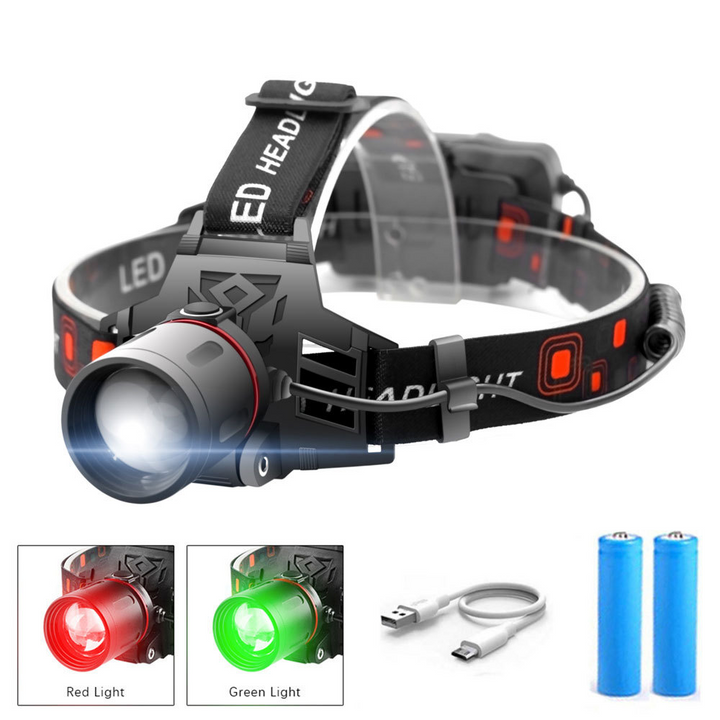 Genopladelig LED pandelygte med kraftigt lys til camping og vandring. Ideel til udendørs brug.