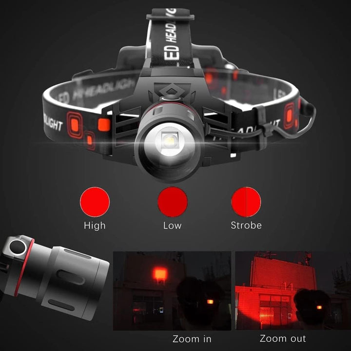 Holdbar unisex hovedlampe med LED lys, genopladelig via USB. Essential til friluftsliv og eventyr.