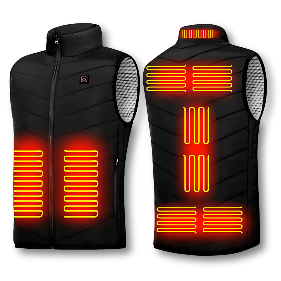 Unisex opvarmet vest i sort, ideel til at holde varmen udendørs i koldt vejr. Perfekt vintervest & termovest.