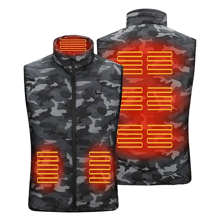 Kamouflage unisex opvarmet vest, slidstærk og varmende for vandring eller jagt. En praktisk termovest.