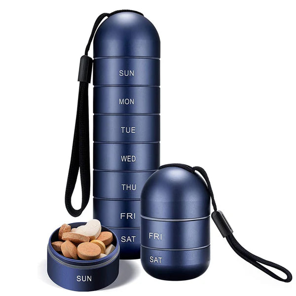 Unisex pilleorganizer til 7 dage i aluminium. Sikker og stilfuld medicinopbevaring for daglig dosis.