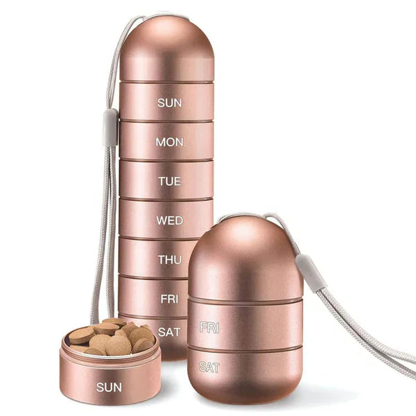 Praktisk rejsepilleboks for 7 dage. Sikker aluminium pilleorganizer til din daglige dosis.
