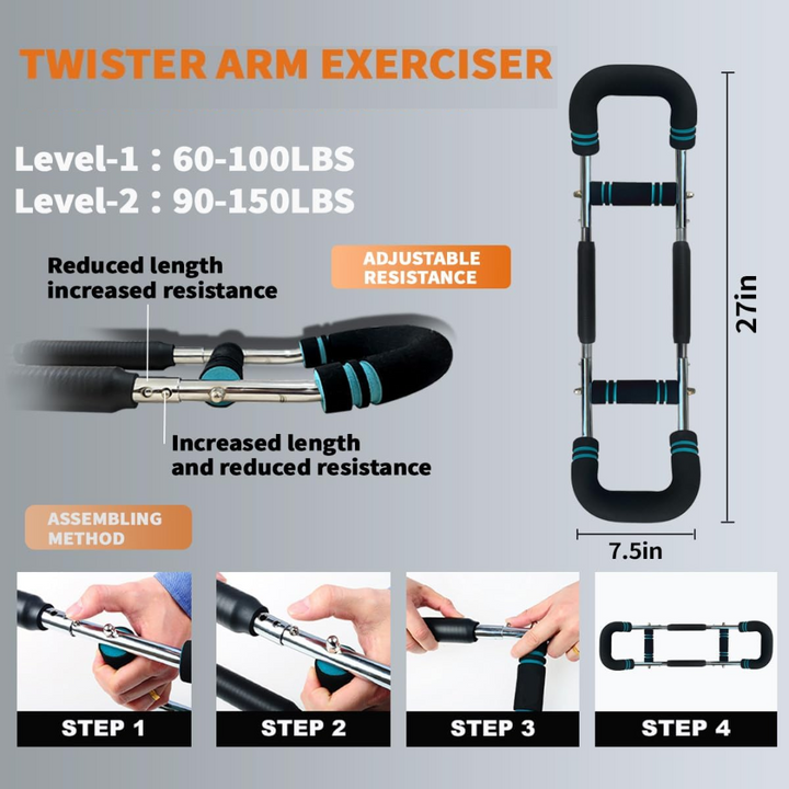 Kompakt Power Twister til hjemmefitness. Justerbar modstand for alsidig styrketræning af arme, bryst og skulder.