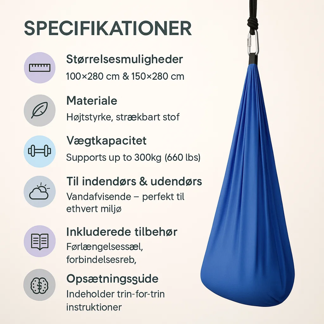 Alsidig gynge til indendørs og udendørs leg/terapi for børn og voksne. Fokus på velvære.