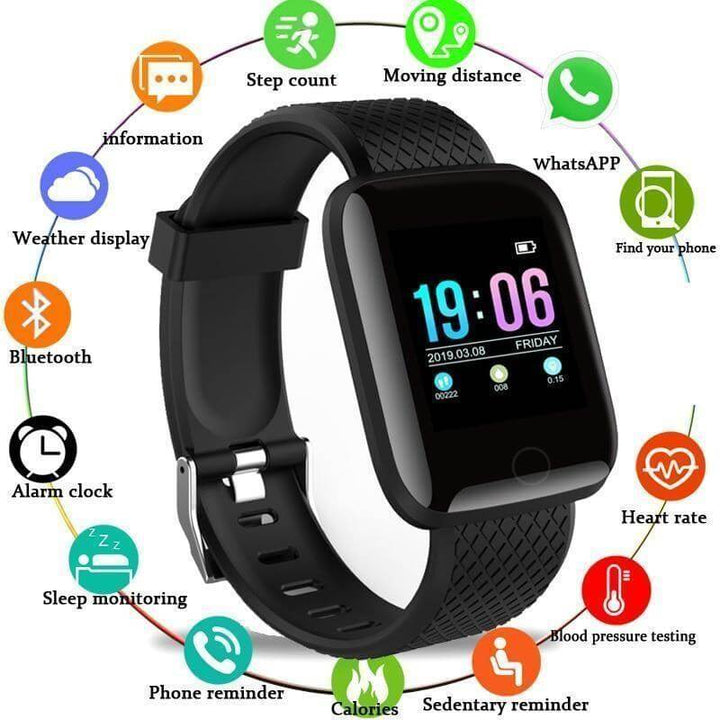 Fitness tracker med skærm, der tydeligt viser daglig skridttæller og aktivitetsmåler.