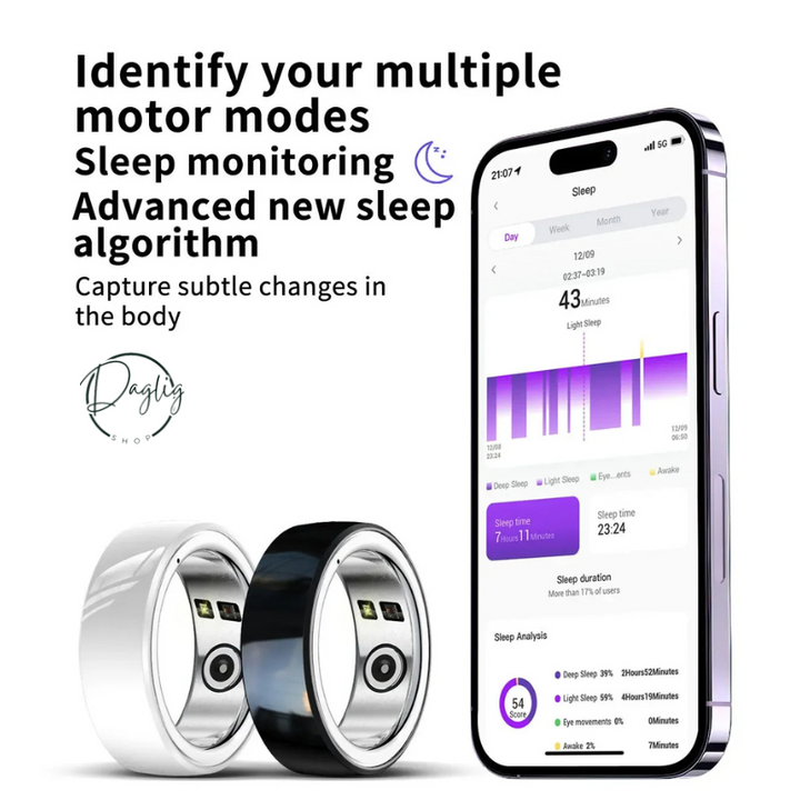 Sort unisex smart ring der sporer puls og søvn diskret. Perfekt til daglig wellness.
