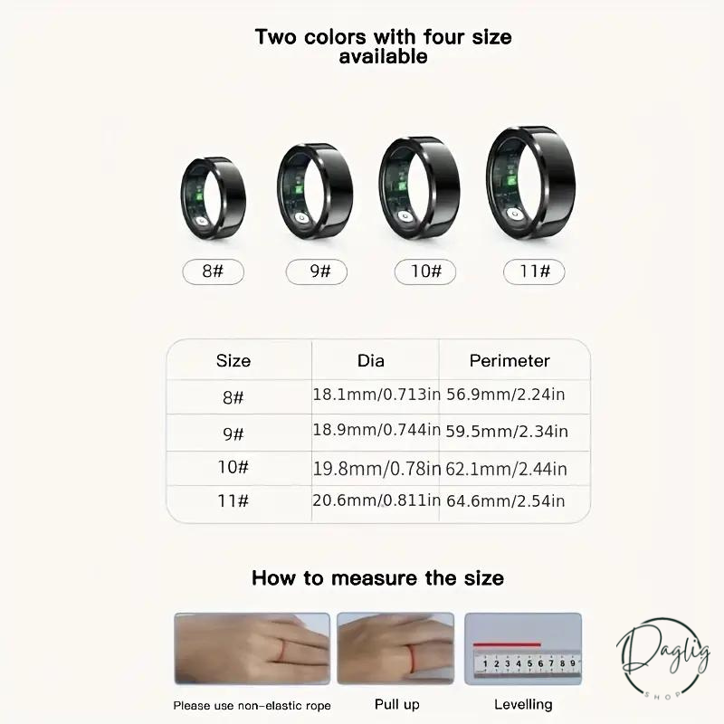 Avanceret unisex smart ring; overvåger puls, søvn, og blodtryk for din sundhed.