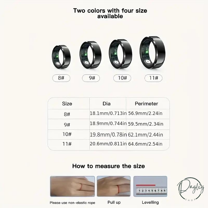 Avanceret unisex smart ring; overvåger puls, søvn, og blodtryk for din sundhed.