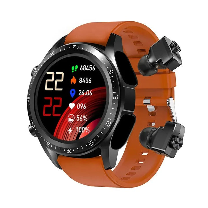 Kompakte trådløse Bluetooth øretelefoner diskret opbevaret i smartwatch, klar til musik og opkald.