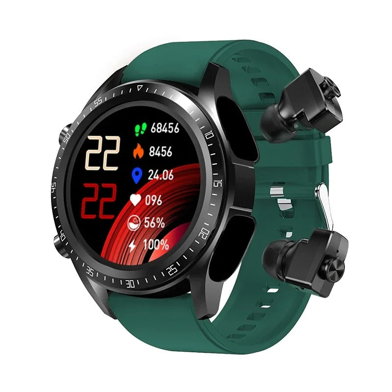 En person jogger m. unisex smartwatch. Fitness tracker og trådløse øretelefoner til musik og træningsdata.