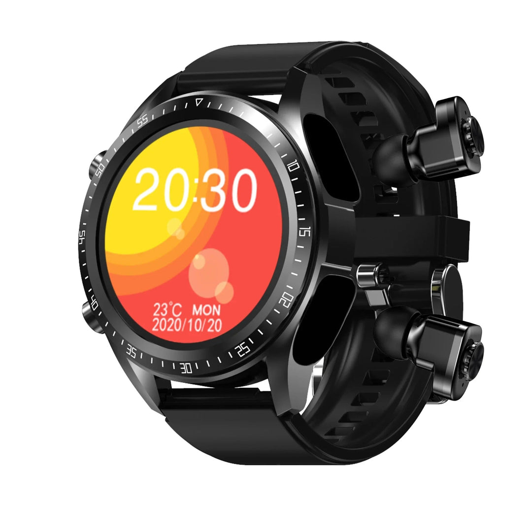 Unisex smartwatch m. trådløse øretelefoner på håndled. Nem adgang til musik og opkald i hverdagen.