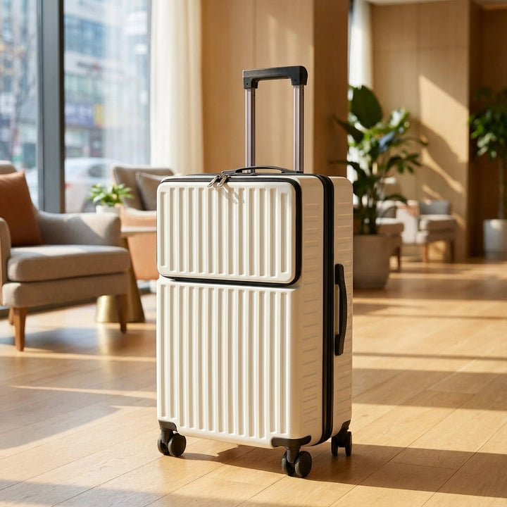 Unisex spinnerkuffert med frontlomme og 360-hjul for let rejse, ideel som håndbagage.