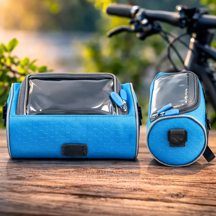 Sort, robust cykelstyrtaske med touchscreen-funktion, beskytter telefonen mod elementerne.