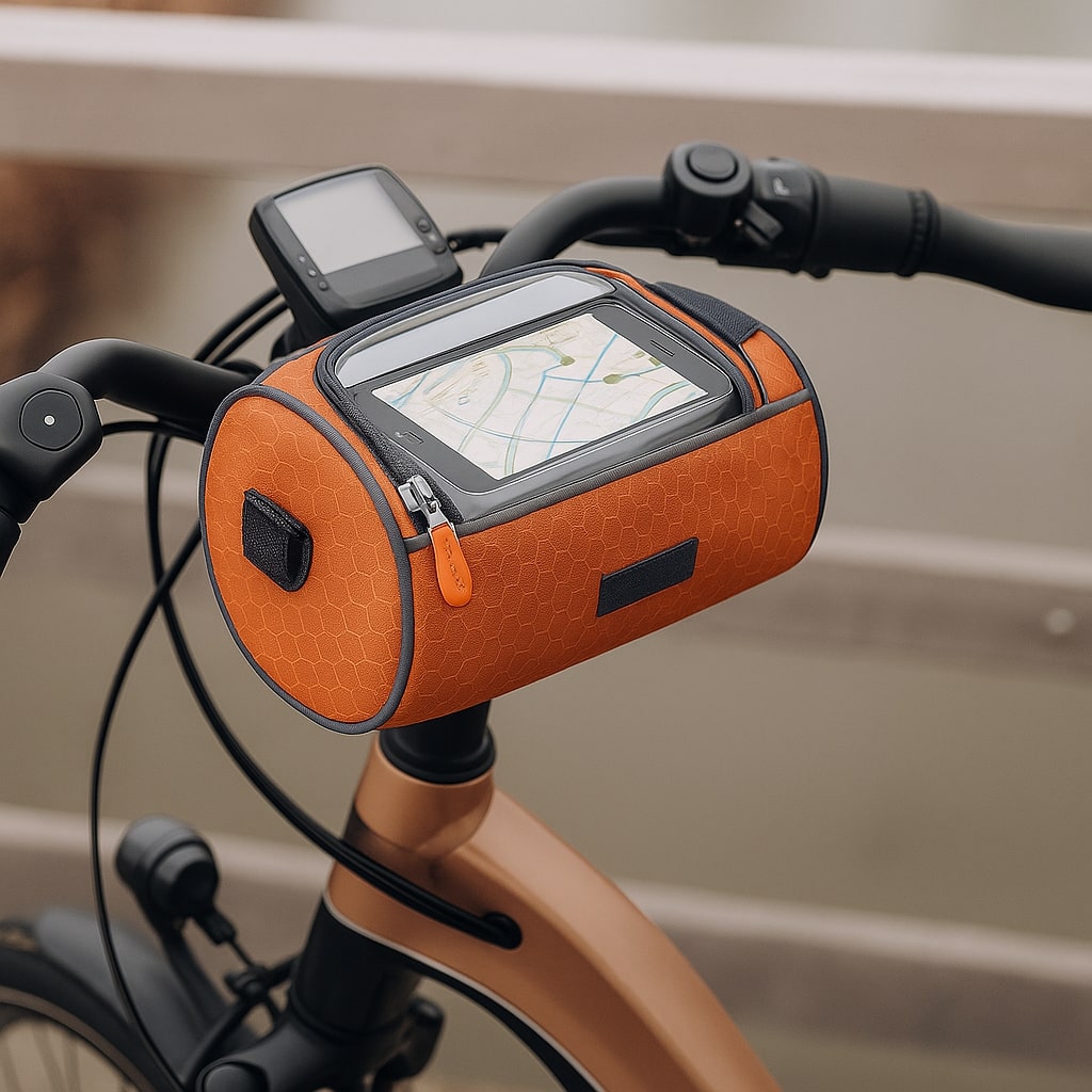 Cykel tilbehør: Styrtaske med touchscreen til nem visning af ruter og vandafvisende ydre.