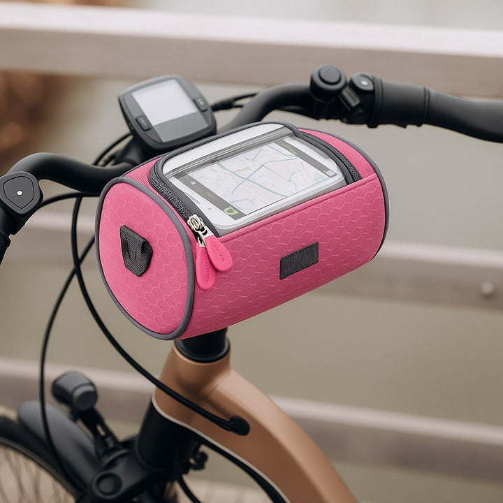 Kompakt styrtaske med touchscreen til cyklen; hold din telefon tør og tilgængelig.