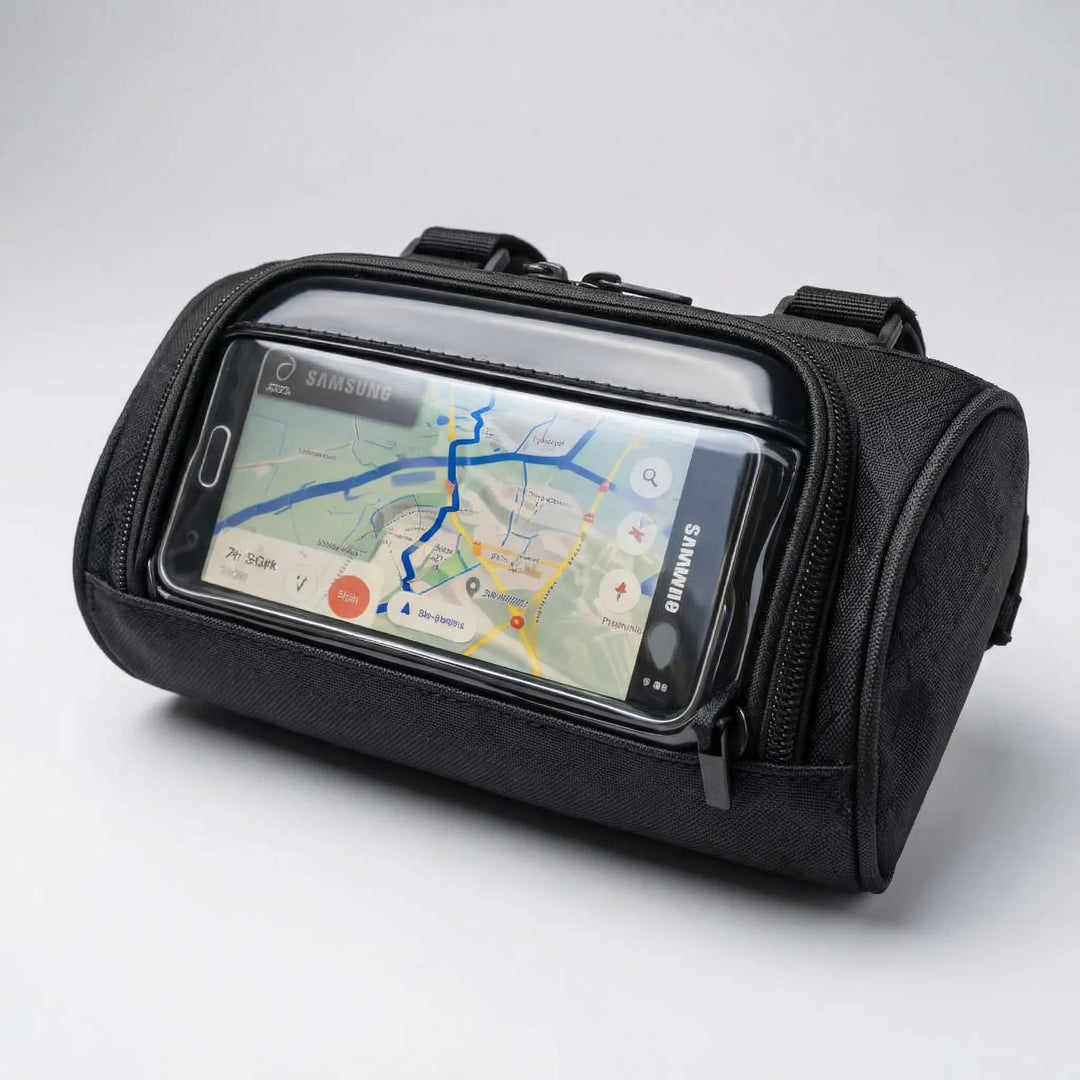 Sort cykelstyrtaske med klart touchscreen-vindue, ideel til smartphone og GPS-navigation.
