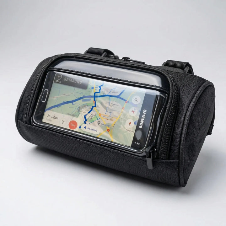 Sort cykelstyrtaske med klart touchscreen-vindue, ideel til smartphone og GPS-navigation.