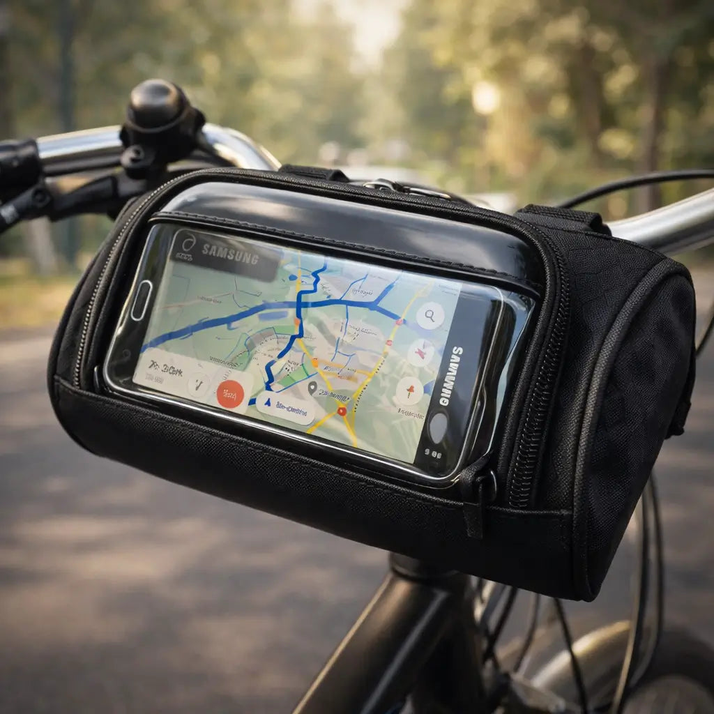 Praktisk cykeltaske med touchscreen-lomme for sikker opbevaring af mobil under kørsel.