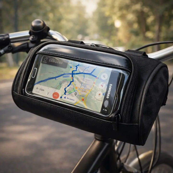 Praktisk cykeltaske med touchscreen-lomme for sikker opbevaring af mobil under kørsel.