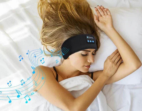 Rejsevenlig øjenmaske med trådløse hovedtelefoner, ideel til musik og meditation på farten.