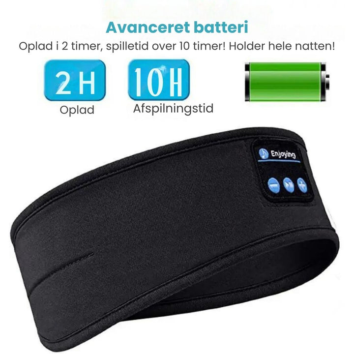Bluetooth hovedtelefoner integreret i åndbar øjenmaske, sikrer mørke og musik til søvn.