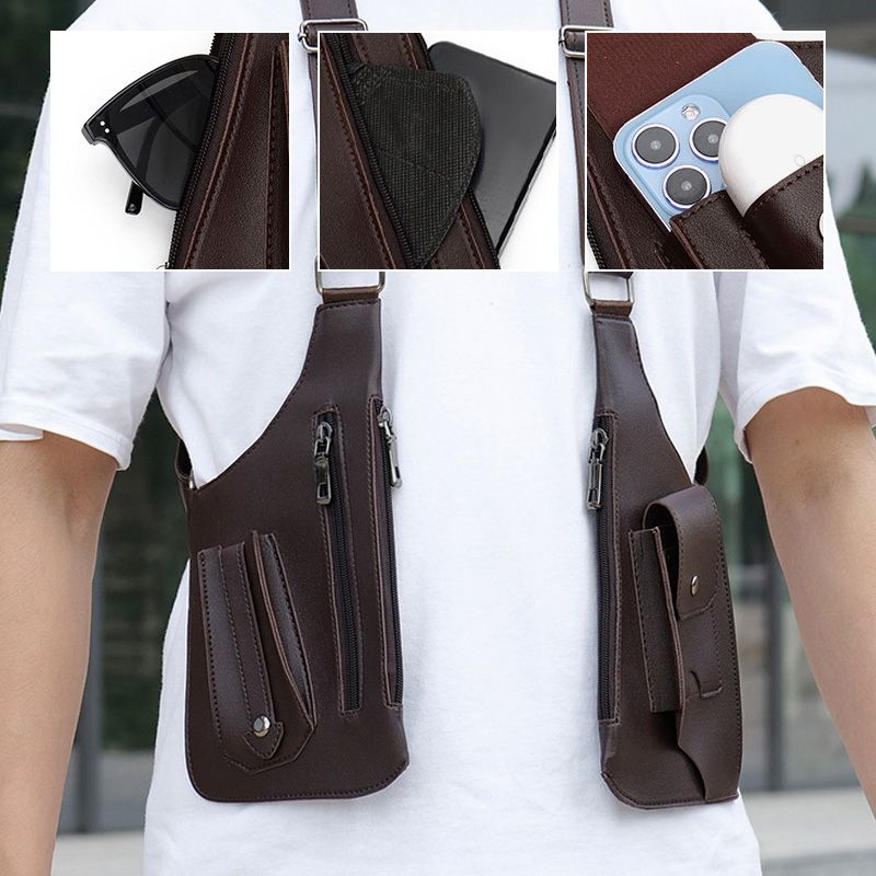 Nærbillede af vandafvisende PU-læder på unisex skuldertaske. Slidstærkt materiale for optimal rejse.