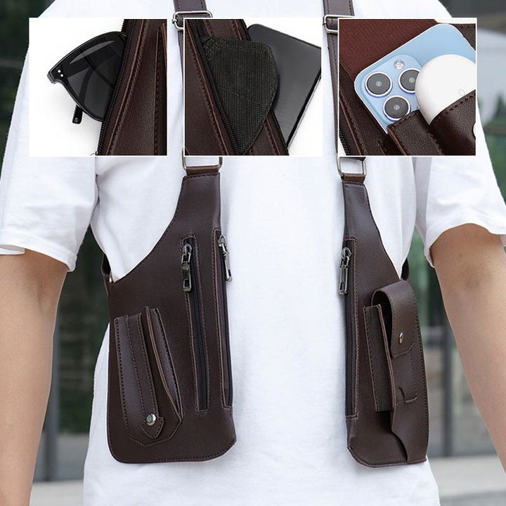 Nærbillede af vandafvisende PU-læder på unisex skuldertaske. Slidstærkt materiale for optimal rejse.