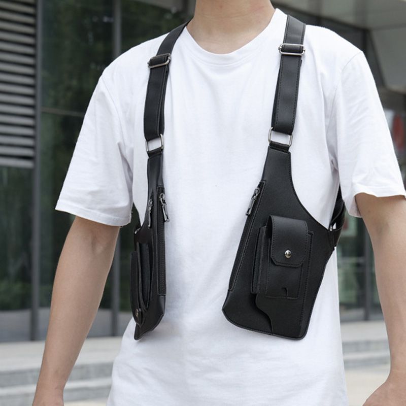 Detaljeret tekstur af sort PU-læder på unisex skuldertaske. Elegant og vandafvisende anti-tyveri taske.