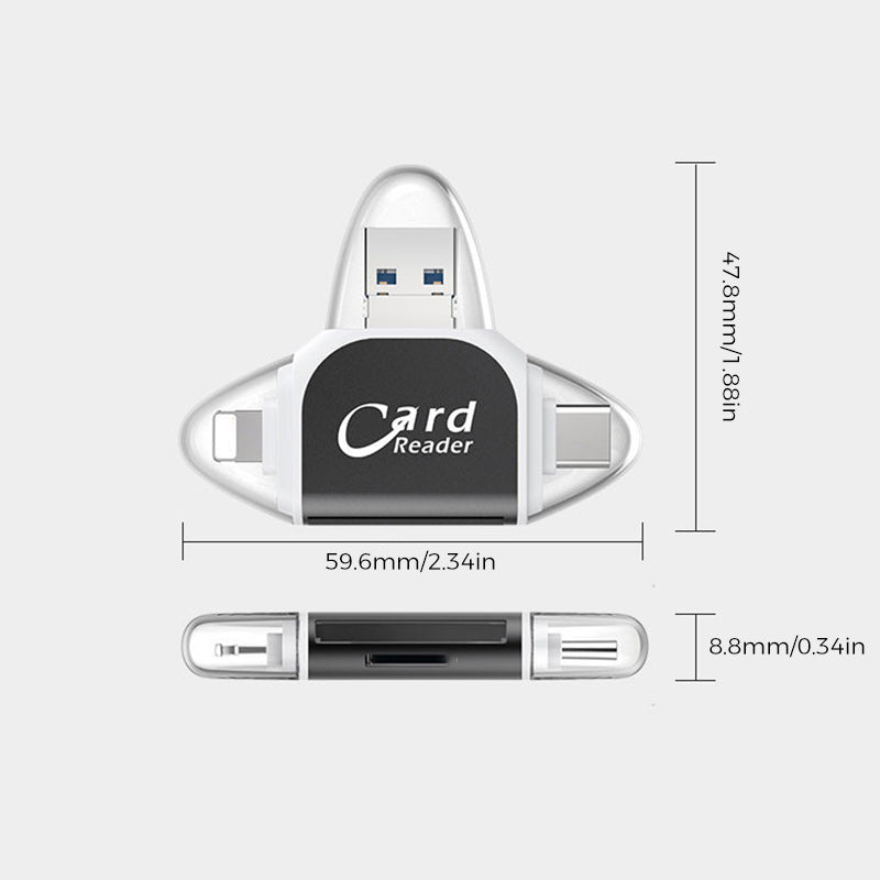 Universal SD-kortlæser med USB-C og Lightning til hurtig dataoverførsel fra kamera.