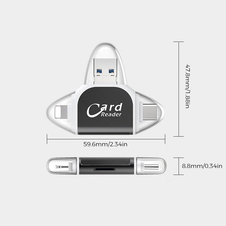 Universal SD-kortlæser med USB-C og Lightning til hurtig dataoverførsel fra kamera.