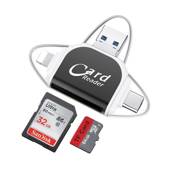 Smart 4-i-1 universal kortlæser til feriebilleder. SD, Micro SD, USB-C & Lightning support.